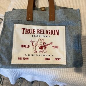 True Religion Blue and Brown Denim Tote Bag